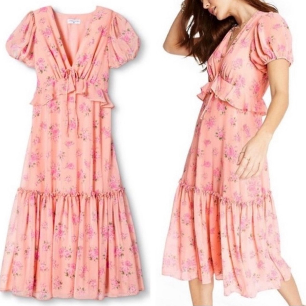 LoveShackFancy X Target Fleur Floral Print V-neck Tiered Midi Dress.